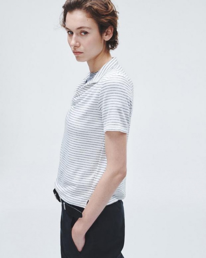 Rag & Bone The Knit Striped Polo Pima Cotton T-Shirt Ivory Stripe | 02658YJEO