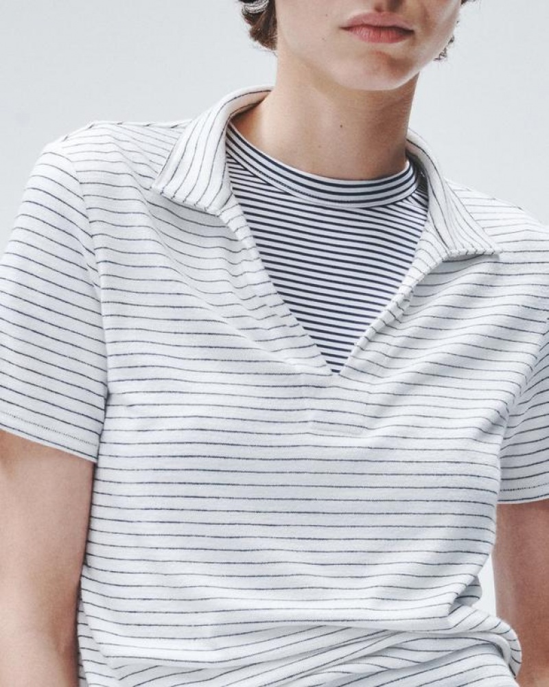 Rag & Bone The Knit Striped Polo Pima Cotton T-Shirt Ivory Stripe | 02658YJEO