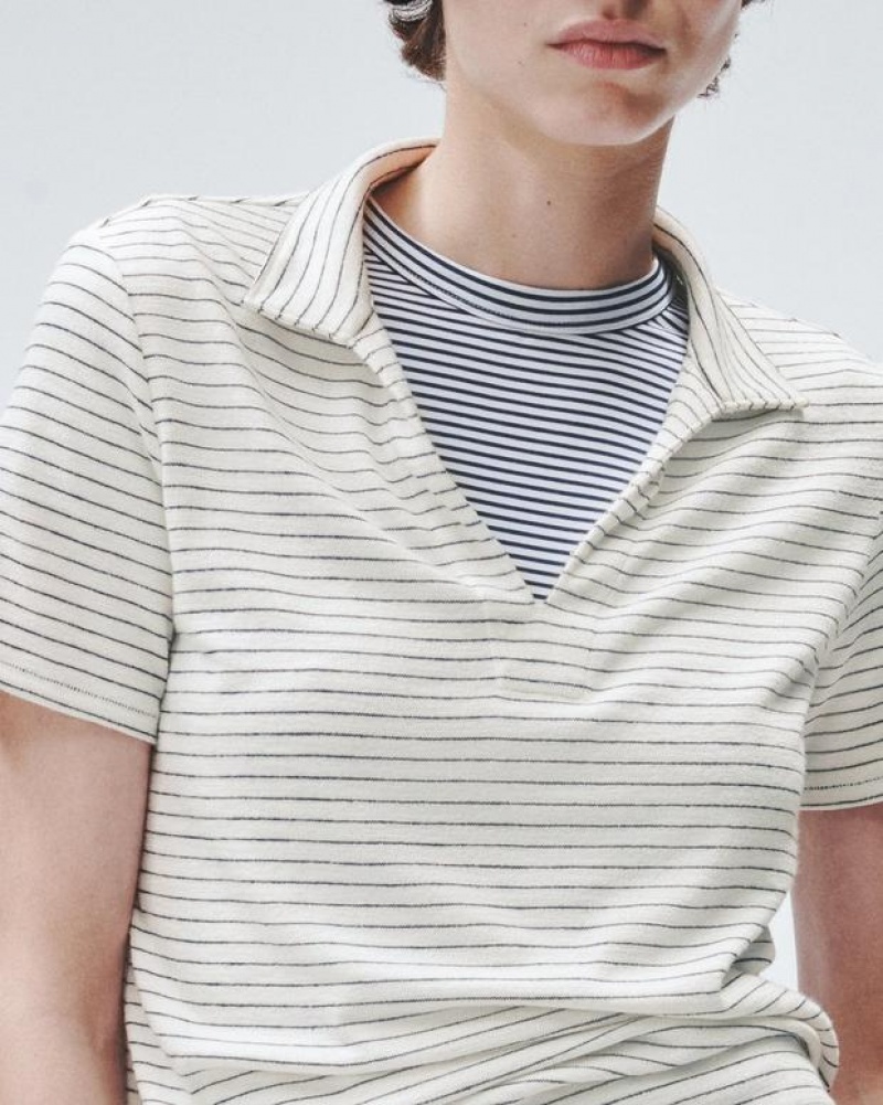 Rag & Bone The Knit Striped Polo Pima Cotton T-Shirt Ivory Stripe | 02658YJEO