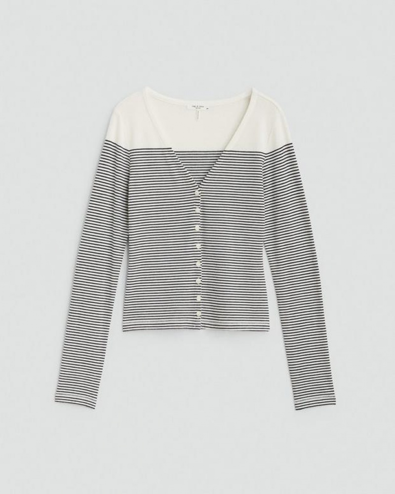 Rag & Bone The Knit Striped Vee Cardigan Classic Fit Black/White | 16098EXDQ