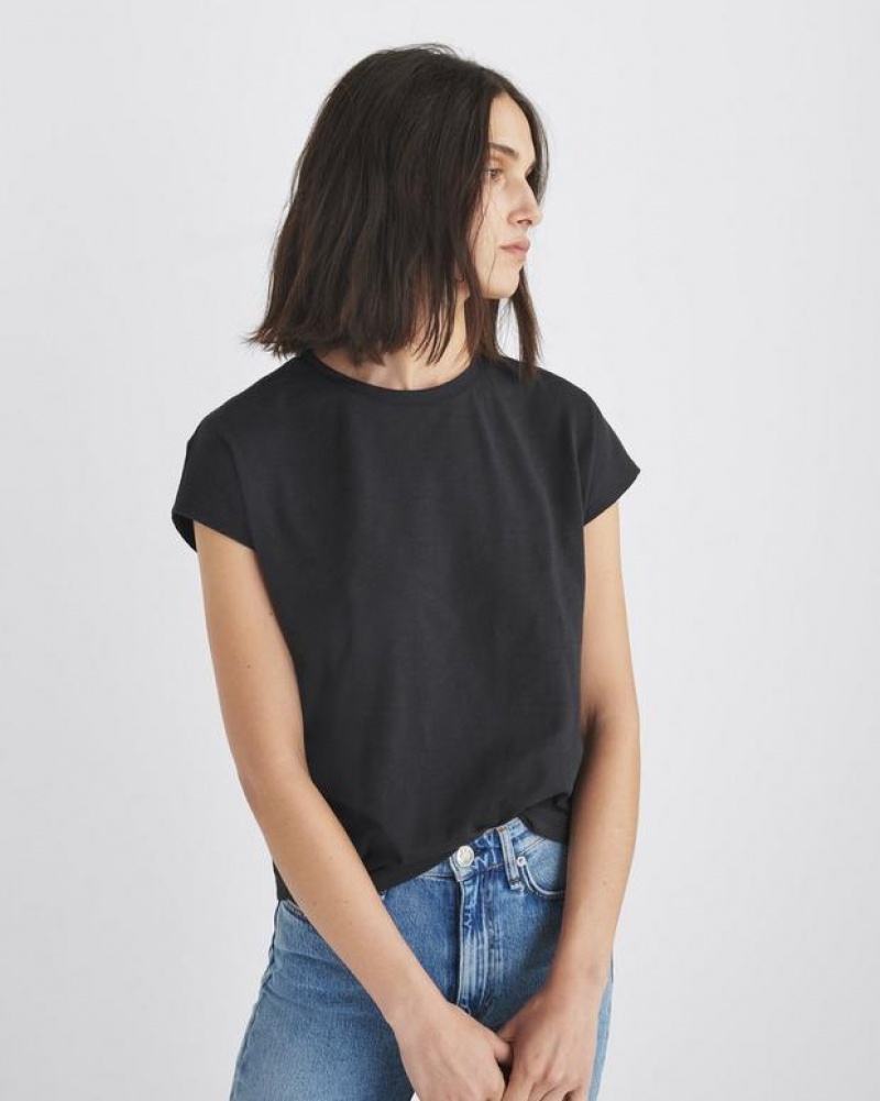 Rag & Bone The Slub Pleated Tee Organic Pima Cotton T-Shirt Black | 42967ONZS